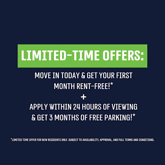 a promotional image offering a first month rent-free and 3 months of free parking for new residents.
