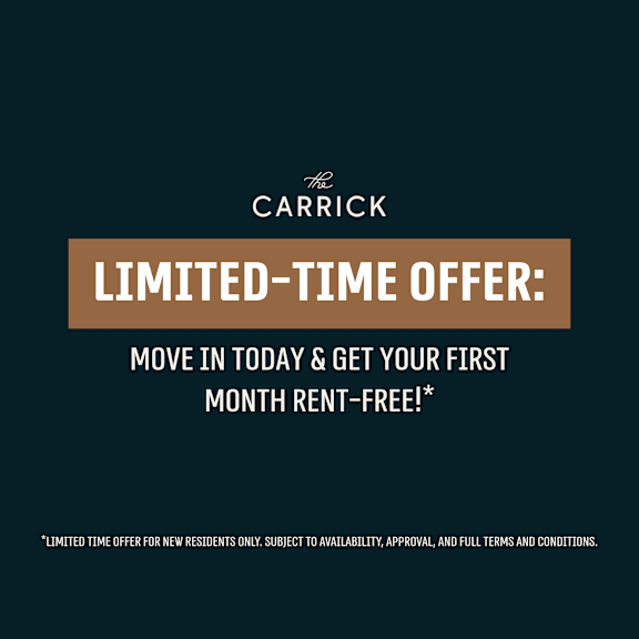 a promotional image for the carrick offering a limited-time offer for new residents.