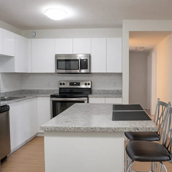 a kitchen with a granite countertop and stainless steel appliances.