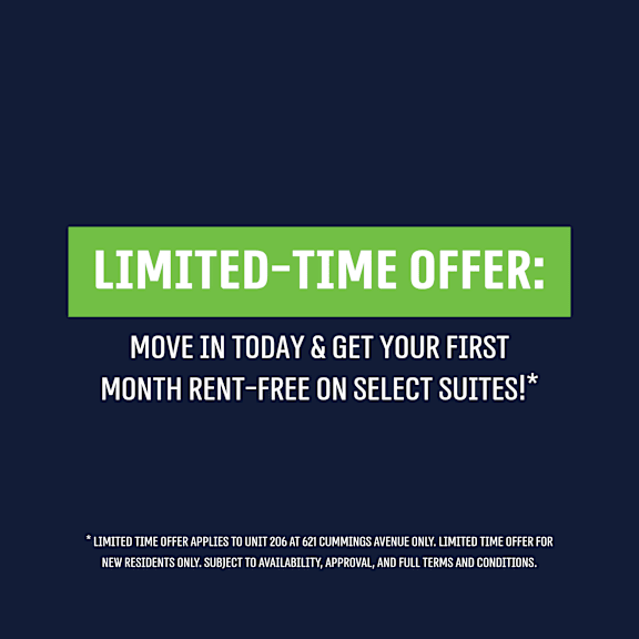 a promotional image offering a first month rent-free on select suites for new residents.