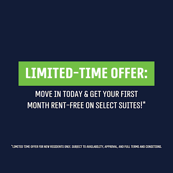 a promotional image offering a first month rent-free on select suites for new residents.