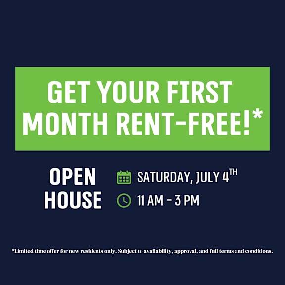 an advertisement for a rent-free first month offer at an open house on july 4th from 11 am to 3 pm.