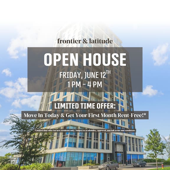 an advertisement for an open house event at frontier & latitude on june 12th from 1 pm to 1 pm.