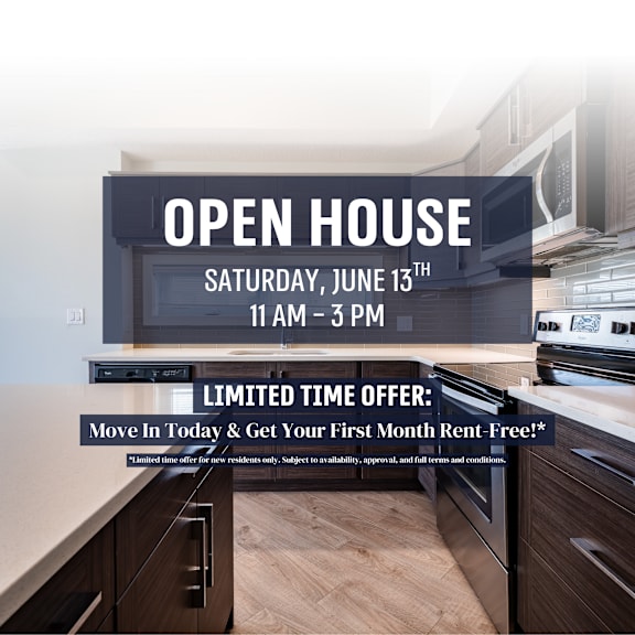 a modern kitchen is showcased with a sign advertising an open house event on saturday, june 13th from 11 am to 3 pm.
