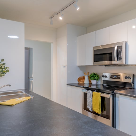 a modern kitchen with a stainless steel oven and microwave.