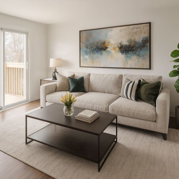 a living room with a white sofa, a coffee table, and a painting on the wall.