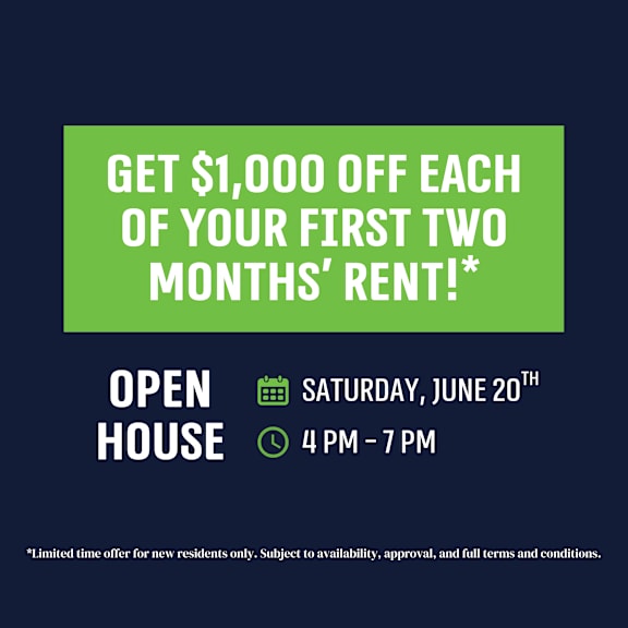 an advertisement for a $1,000 off offer on the first two months' rent for new residents.