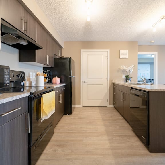 a kitchen with black appliances and wooden cabinets.