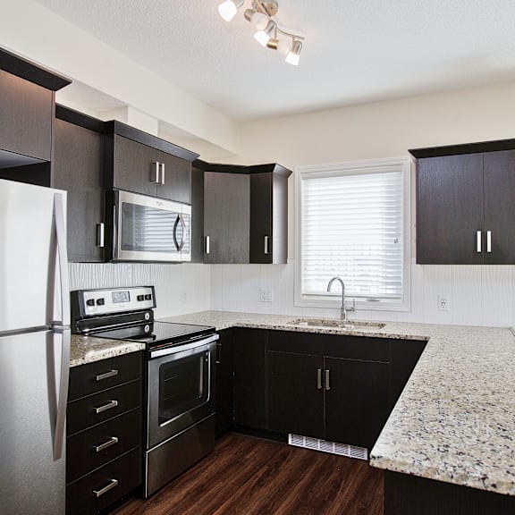 a kitchen with black cabinets and a granite countertop.