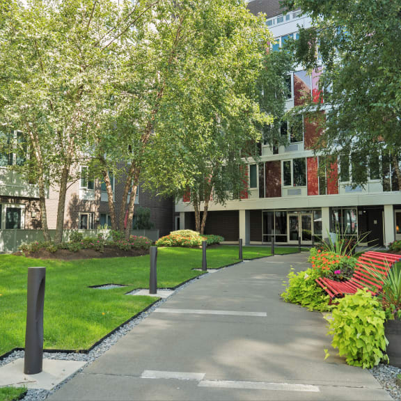 a walkway in front of a building with trees at 34 Berry, Brooklyn, 11249