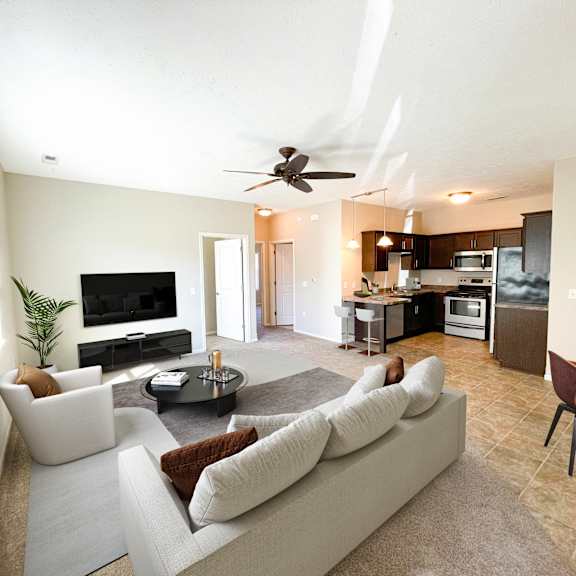 a living room with a couch and a table