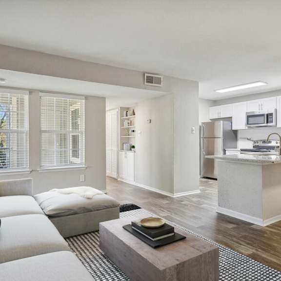 a living room and kitchen with a couch and a coffee table