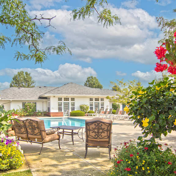 a backyard with a pool and chairs and flowers