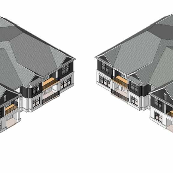 two identical houses with grey roofs and white walls.