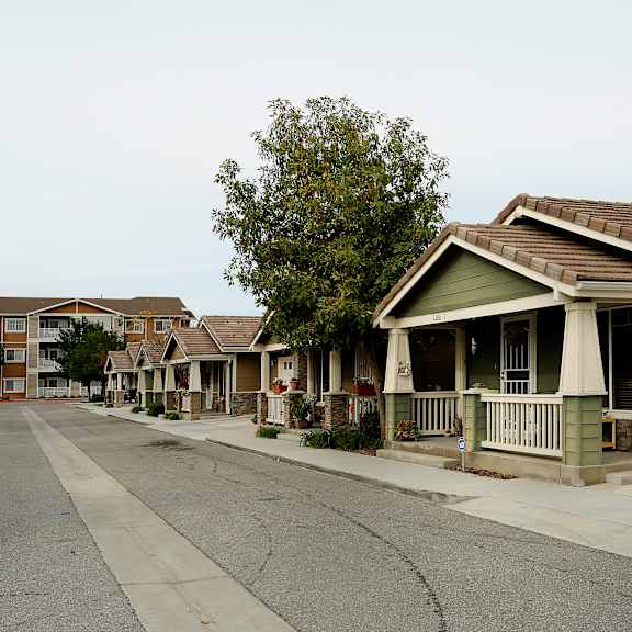 a row of houses with a tree in front of them.