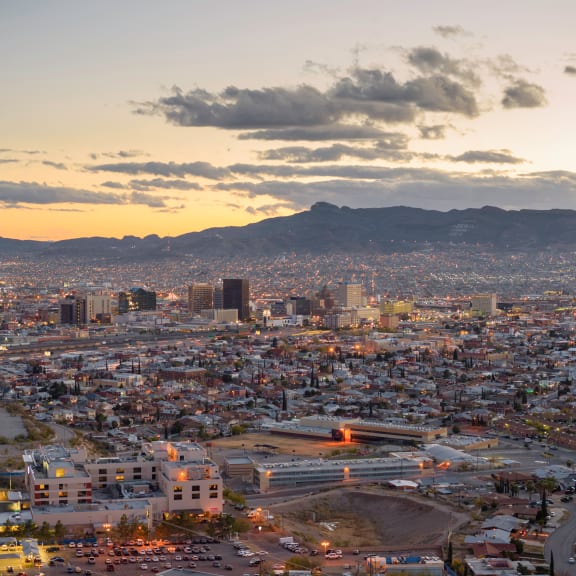 a view of the city at sunset