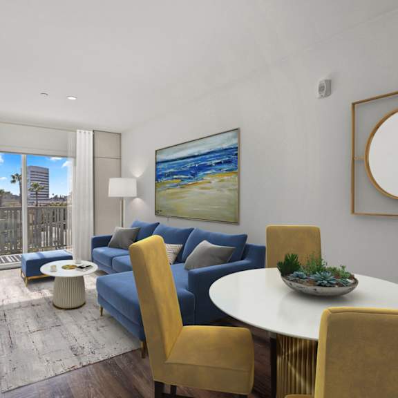 open-concept dining and living room with patio