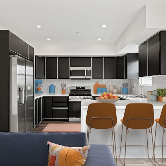 large-size kitchen with countertop-bar, stainless-steel appliances, and ample cabinet storage