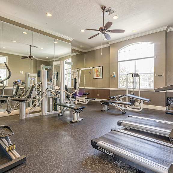 a spacious gym with a variety of equipment including treadmills, weights, and a bench.