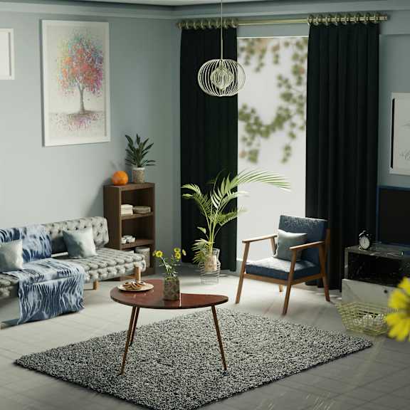 a living room with a grey sofa, a blue cushion, a wooden coffee table, a tv, a clock, a potted plant, a vase with yellow flowers, and a framed picture on the wall.
