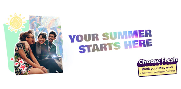 A poster advertising a summer stay with the text "Your summer starts here" and a website for booking.