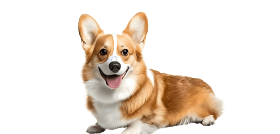 A corgi dog is sitting and smiling.