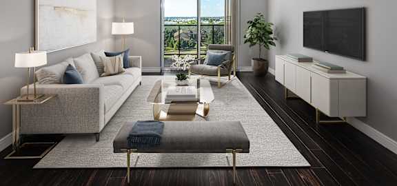 A modern living room with a view of the city skyline.