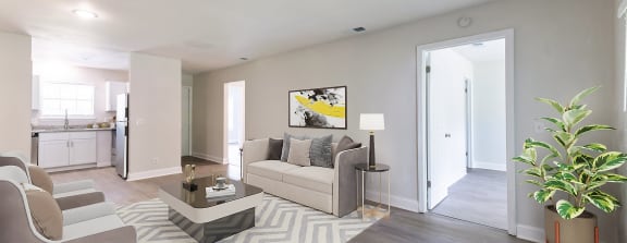 a living room with a couch and a table