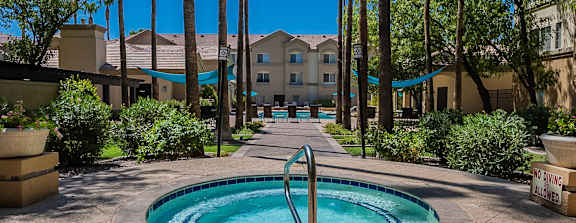 A pool surrounded by palm trees and a building in the background.at Palazzo Townhomes, Arizona