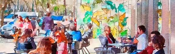 a watercolor painting of people sitting at tables in a restaurant