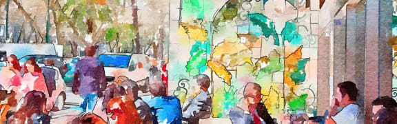 a painting of people walking down a street