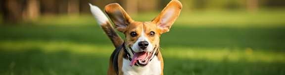 A Corgi dog is running on the grass.