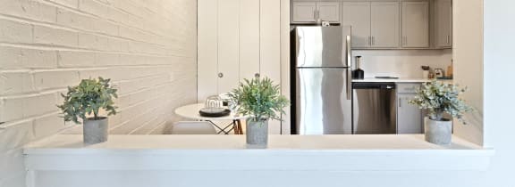 a kitchen with a counter and a refrigerator at Aspen Ridge Apartments, West Chicago