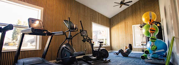 A room with a treadmill, exercise bike, and other workout equipment.