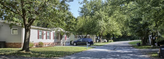 a row of houses on a street with trees in front of them