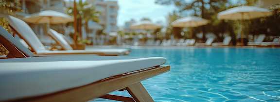 A poolside scene with sun loungers and umbrellas.