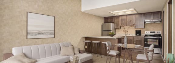 a rendering of a living room with a kitchen