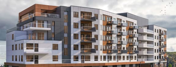 a rendering of a building with balconies