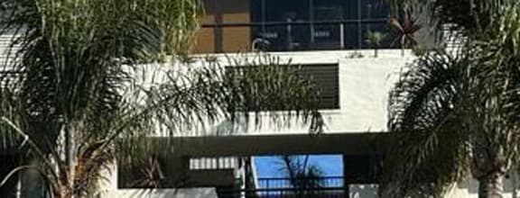 a building with palm trees in front of it