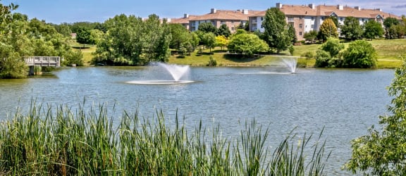a fountain in the middle of a lake with houses in the background