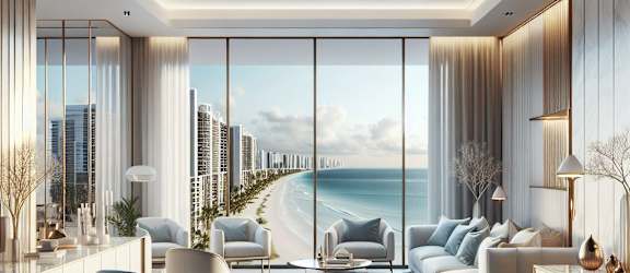 a rendering of a living room with a view of the ocean
