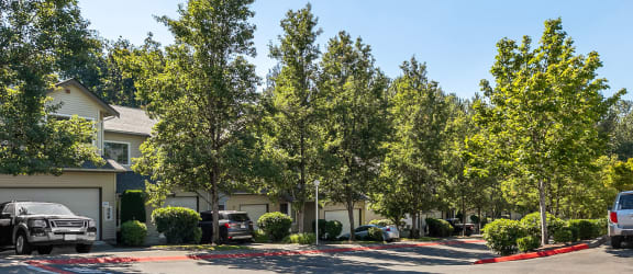 a suburban street with cars parked in front of houses