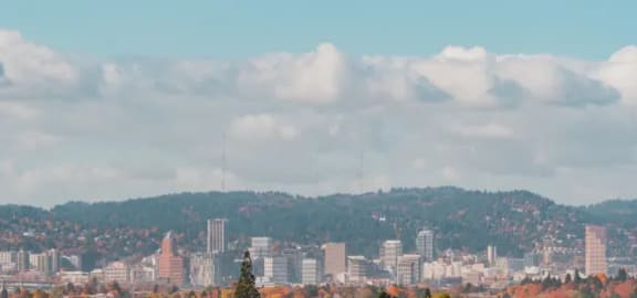 a city with a mountain in the background