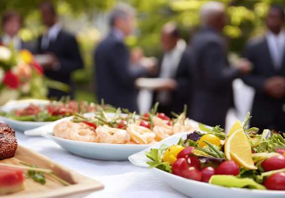 a tray of sandwiches on a table with fruit