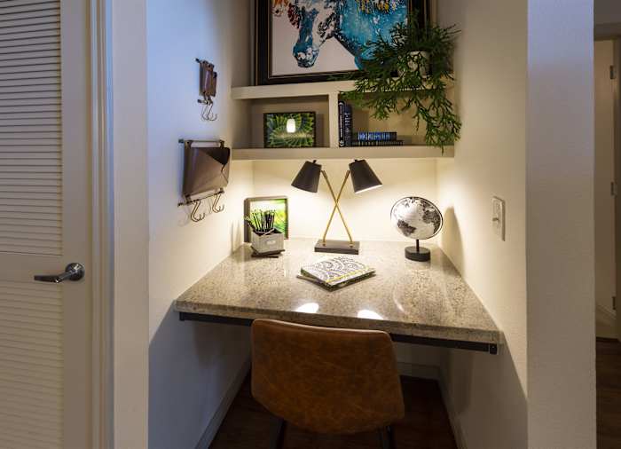 A desk set up as a work area with a lamp and a plant