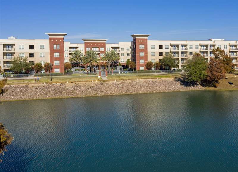 The lake in front of the buildings, with a row of trees along the bank
