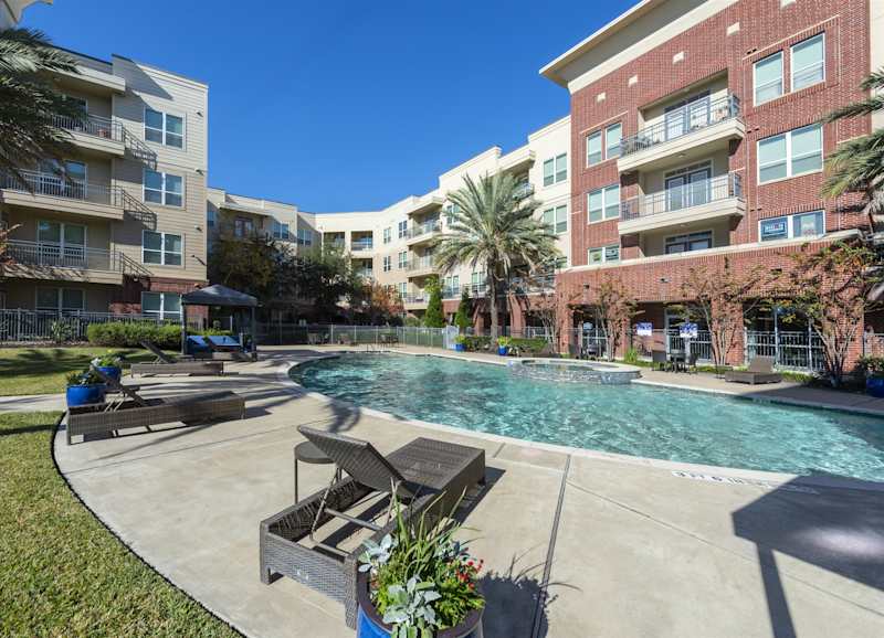 The pool surrounded by paving and loungers, with buildings in the background