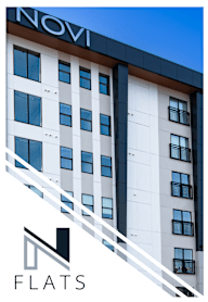 A building with the word NOVI on top and a logo with the word FLATS below it.