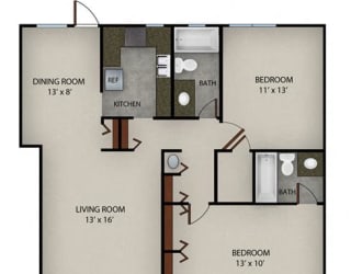 Floor Plan 2 Bedroom 2 Bath | 1084 SF.