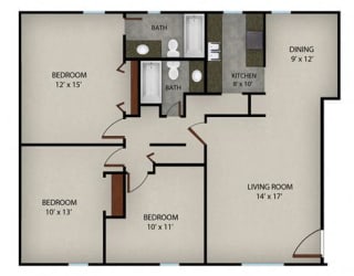 Floor Plan 3 Bedroom 2 Bath | 1263 SF.